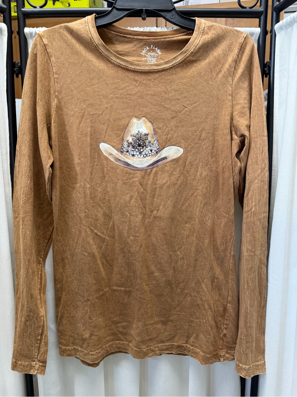 Machine Brown Long Sleeve Tee with Embroidered Cowboy Hat